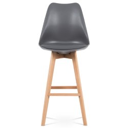 barová stolička plast, sedák šedá ekokoža/nohy masív prírodný buk